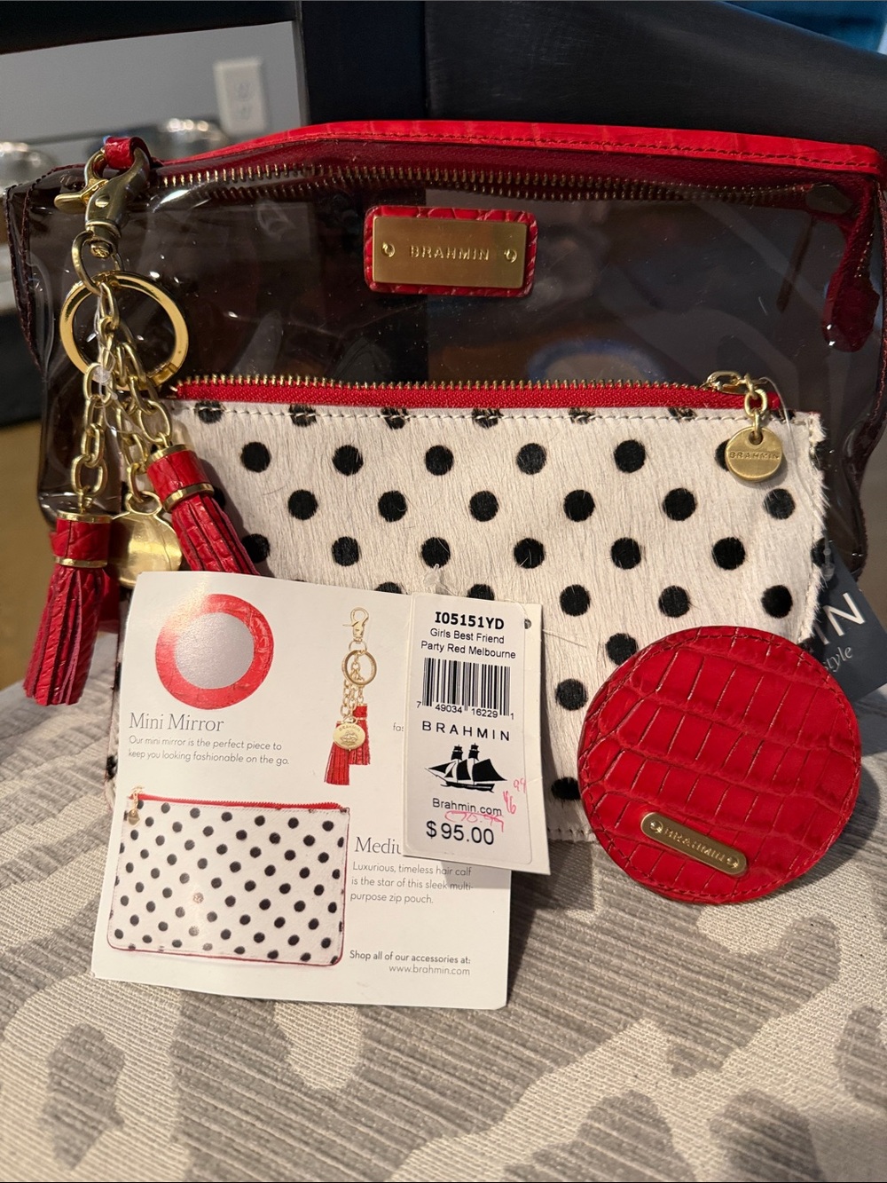 Brahmin Clear Cosmetic Tote with Red Trim and Black Polka Pouch